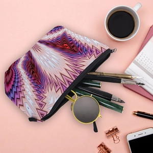 Multi-purpose travel pouch with colorful geometric zigzag patterns and office desk accessories