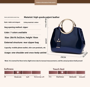 Detailed size specifications of navy blue patent leather bridal handbag showing dimensions
