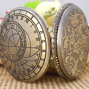 Close-up of bronze vintage pocket watch featuring zodiac symbols and floral relief patterns