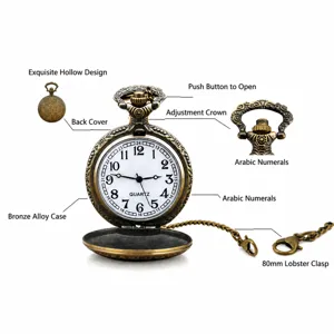 Details der antiken Bronze-Taschenuhr mit hohler Blumenschnitzerei und Quarzuhrwerk