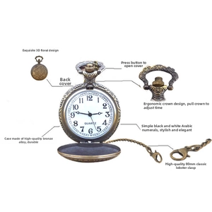 Detail of vintage bronze pocket watch with hollow floral carving and quartz movement