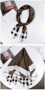 Detail view of vintage polka dot and checkered silk scarf with Faith Hope Love card