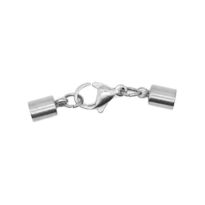 Detailed view of stainless steel lobster clasp with cylindrical cord end caps for jewelry DIY