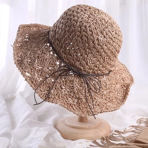 Women Straw Bucket Hat Wide Brim Sunshade Woven Beach Hat Scallop Edge Bow Knot Summer Vacation Foldable