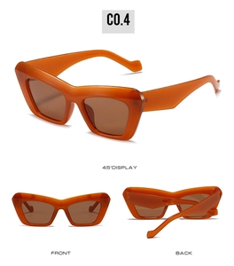 Three-view display of orange cat-eye sunglasses showing 45-degree, front, and back angles