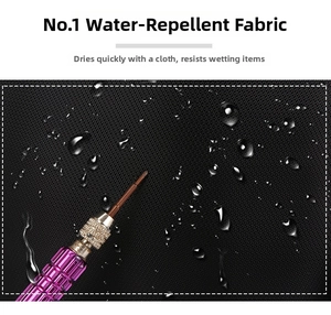 Close-up of waterproof black oxford fabric with mesh texture and clear water droplets