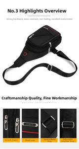 Close-up of durable silver metal zippers and adjustable square buckle on black chest bag