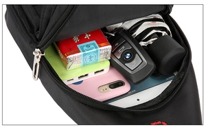 Detail of waterproof Oxford chest bag showing main compartment with large storage capacity