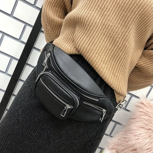 Fashionable black PU leather waist bag for women featuring multiple zipper pockets and chain