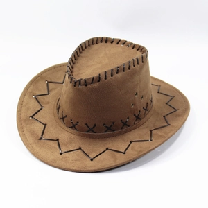Detail of brown faux suede cowboy hat showing black cross stitching and metal eyelet