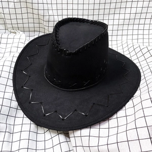 Close-up of black cowboy hat featuring decorative heavy stitching and metal eyelets