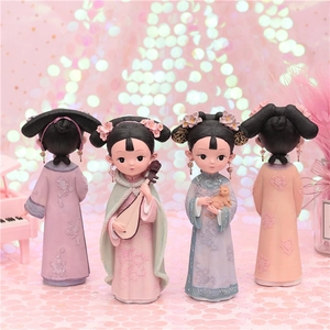 Q-version Chinese court lady resin figurines in colorful traditional attire for home decor