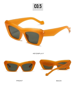 Multi-angle view of bright orange geometric cat-eye sunglasses with dark gray lenses