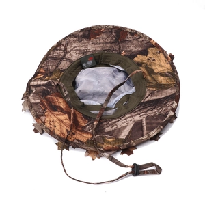 Outdoor camouflage sun hat with wide brim, leaf pattern and adjustable chin strap