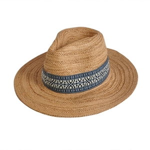 Ethnic jazz straw hat for men and women with geometric patterned ribbon for sun protection