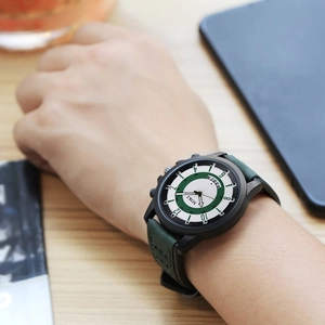 Close-up of SOKI men's quartz watch with white dial, green accents and green leather strap