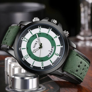 Men's military sport watch with green leather strap and large dial with calendar