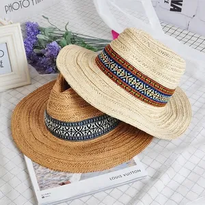 Wide Brim Straw Fedora Hat With Ethnic Geometric Ribbon Breathable Summer Beach Sun Protection