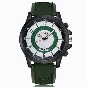 Close-up of SOKI military quartz watch with white and green dial and leather strap