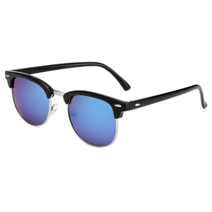 Classic half-frame sunglasses with blue reflective lenses and silver metal rivets