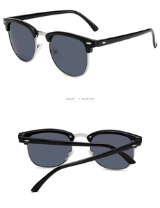 Detailed views of vintage semi-rimless sunglasses with black frame and silver metal bridge