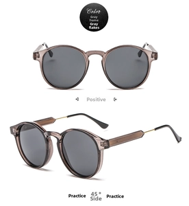 Detail view of round retro sunglasses with transparent grey frames and golden metal temples