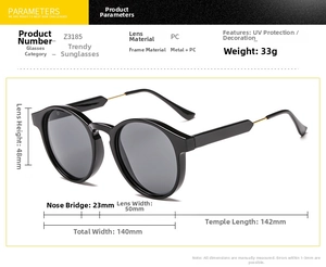Detailed size specifications of retro round sunglasses with 140mm total frame width