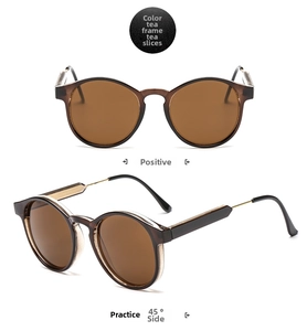 Front and 45-degree angle views of vintage round brown tea-colored sunglasses
