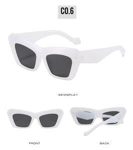 Three-view display of retro cat eye sunglasses in cream white with dark grey lenses