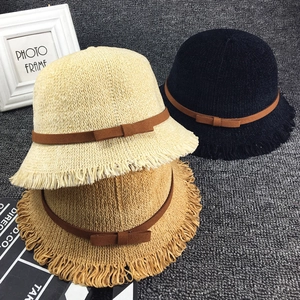 Chapeau Cloche Enfants Tricoté Paille Rétro Frange Bord Brut Nœud Décoration Fillette Bébé Doux Décontracté Solaire
