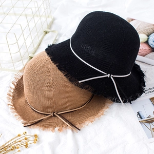 Foldable straw sun hats for women and girls with chic bow tie and fringe edge design
