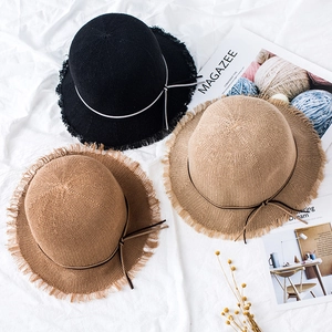 Straw Bucket Hat Fringed Brim Bowknot Decor Summer Beach Sun Protection Breathable Travel Accessory For Kids And Women
