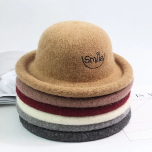 Kids vintage wool felt bowler hats with smile embroidery in six assorted colors