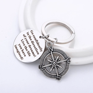 Silver stainless steel inspirational keychain with engraved quote and compass charm pendant