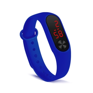 Detail view of the blue silicone sport band with adjustable holes and red LED digital display