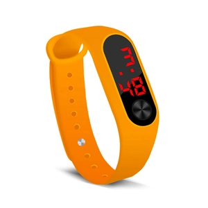 Detail view of orange sports watch with silicone band and red LED digital display showing 3:48