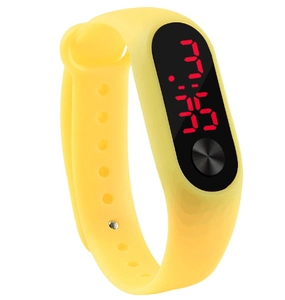 Detail of yellow silicone sports wristband with red LED digital display on white background