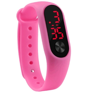 Detail of pink sport watch band with red LED digital time display and metal button