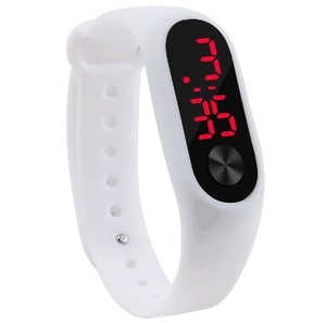 Close-up of a white silicone LED digital sports watch with a glowing red time display