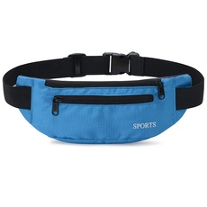 Close-up of blue 400D oxford waterproof sports waist bag with adjustable strap and buckle