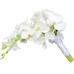 Elegant white calla lily and orchid bridal bouquet with romantic teardrop design