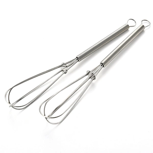 Manual stainless steel mini egg whisk set with spring coil handle and hanging loop