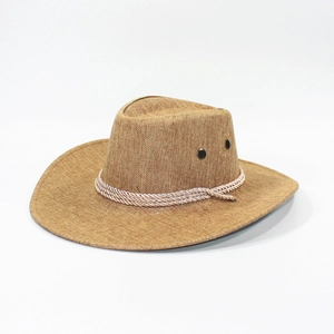 Linen western cowboy sun hat with woven texture, wide brim and rope decorative band