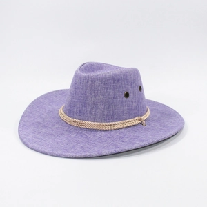 Detailed texture of purple linen cowboy hat with woven ropes and metal air eyelets