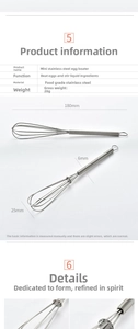 Detailed size chart for mini stainless steel whisk with spring handle specifications