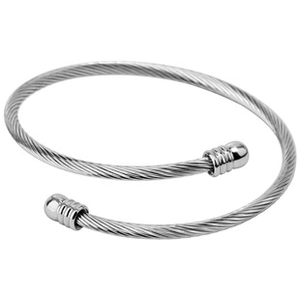Detailed view of silver stainless steel cable wire cuff bracelet with ball ends