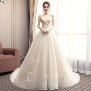 Strapless Champagne Wedding Dress Lace Butterfly Embroidery Sequin Sweetheart Neckline Mesh Ball Gown Bridal Gown