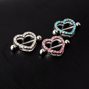 Double-layered heart nipple rings with rhinestones in white, pink and blue colors