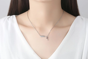 Detail of zircon-inlaid wine bottle and heart-shaped red glass pendant necklace on neck