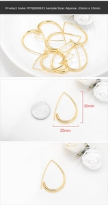 Macro detail of gold-plated teardrop earrings with precise 25mm by 35mm size dimensions